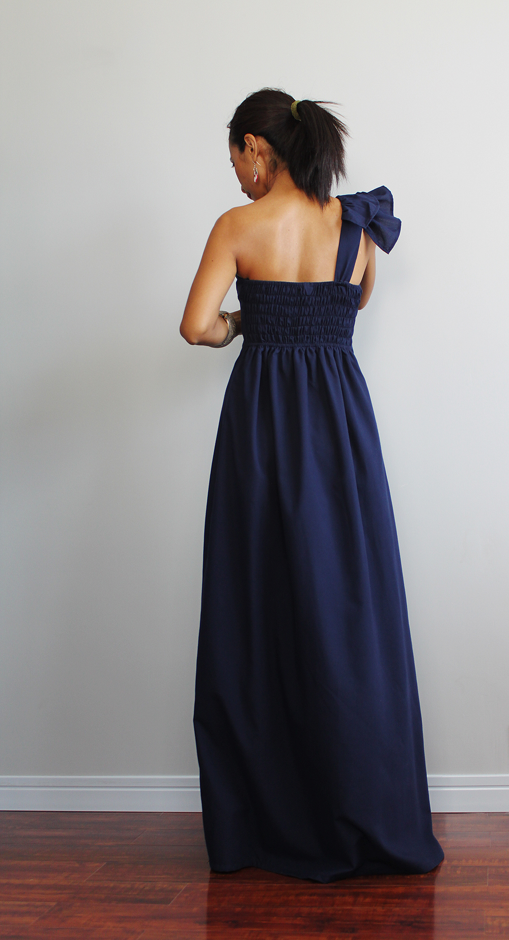 Navy Blue Maxi Dress - One Shoulder Bridesmaid Dress : True Elegance