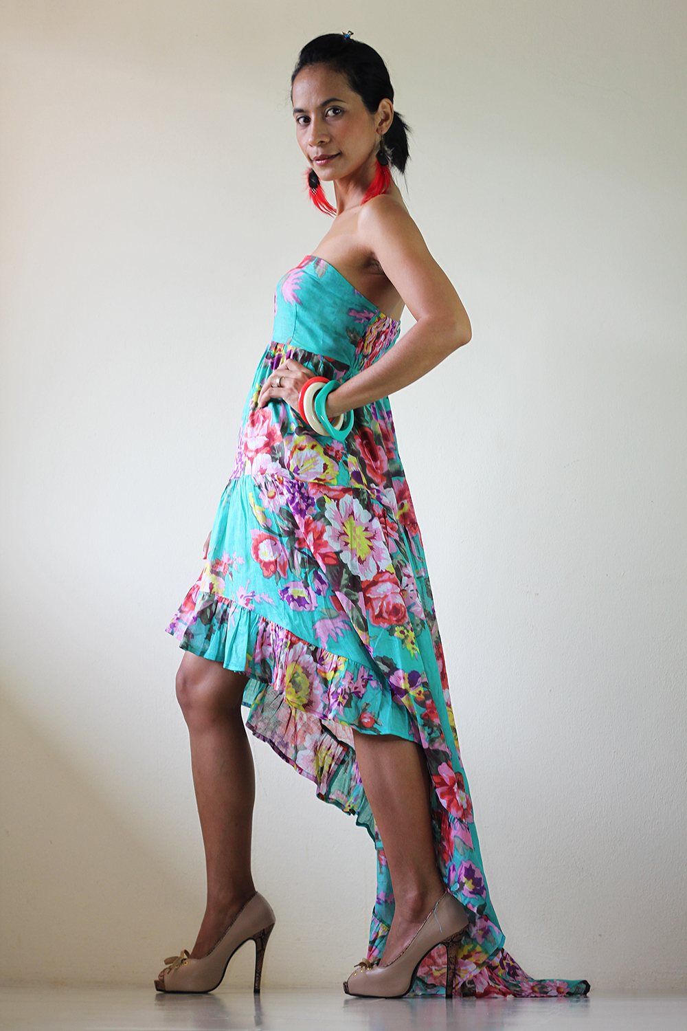 Boho Maxi Dress Short Front Long Back Floral Summer Dress